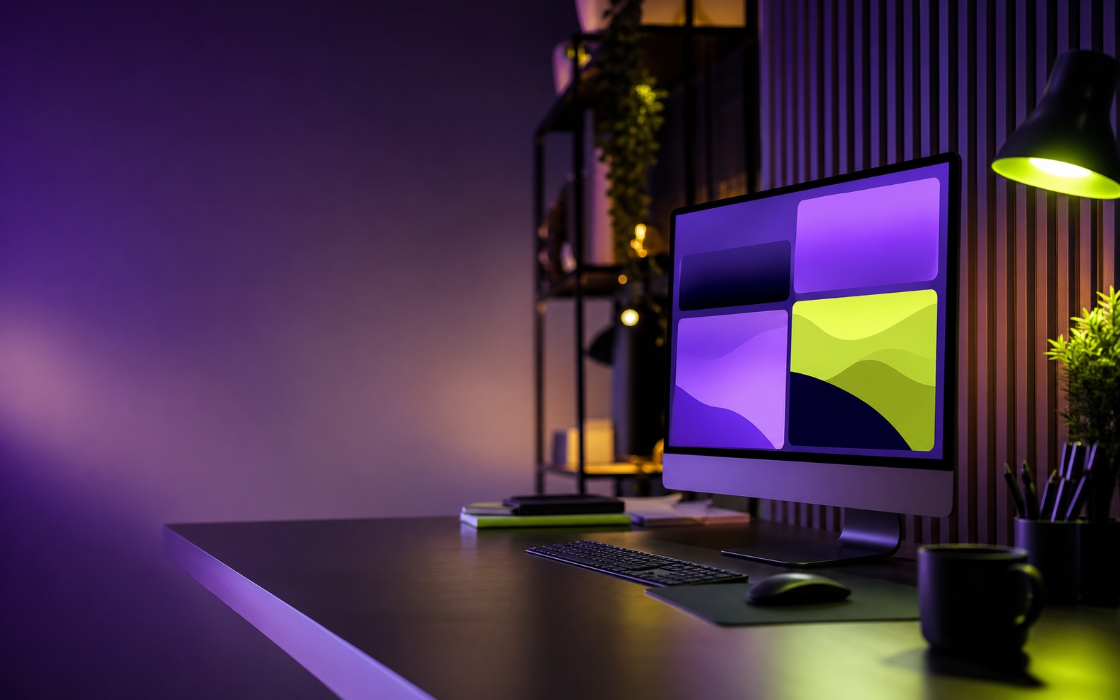 Creative studio lit with Crelyvo violet and lime colors